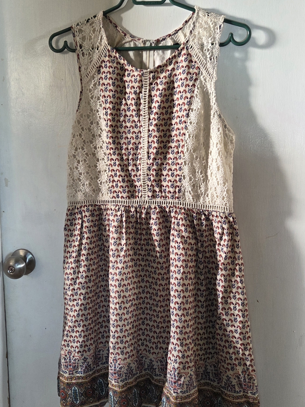 Doe & Rae Cream Crochet Bodice Floral Border Print Dress